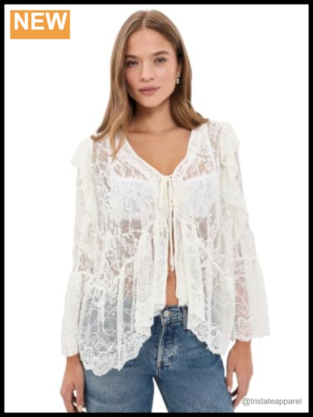 Oversized Tie Front Lace Blouse V-Neck Long Bell Sleeves Floral